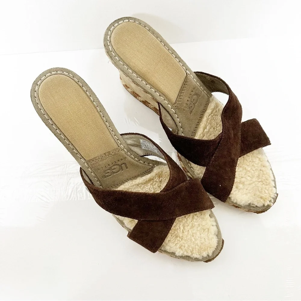 Ugg Brown Suede Criss Cross Wedge Slide Sandals Womens Size 10 Platform Heel Tan